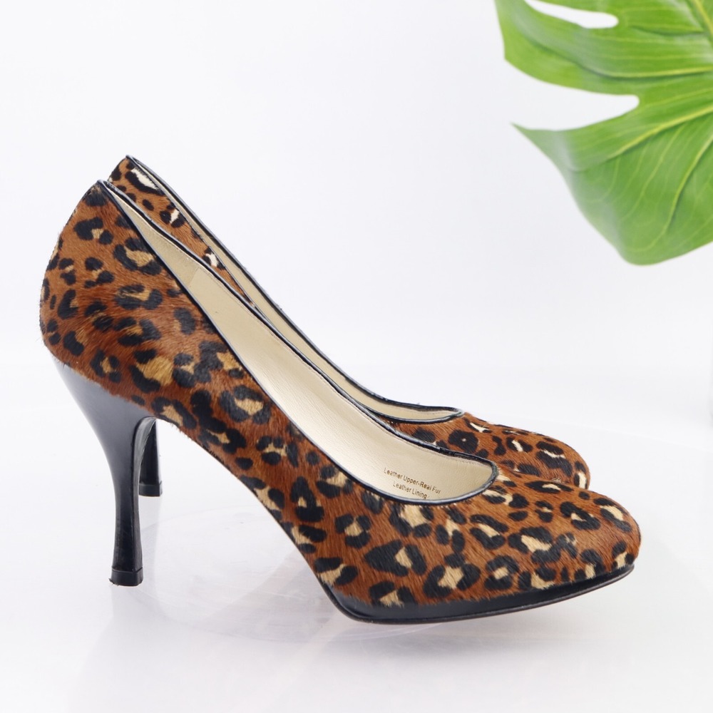Via Spiga Womens Pumps Size 7.5 Brown Leopard Fur Pony Hair Heels Round Toe Shoe